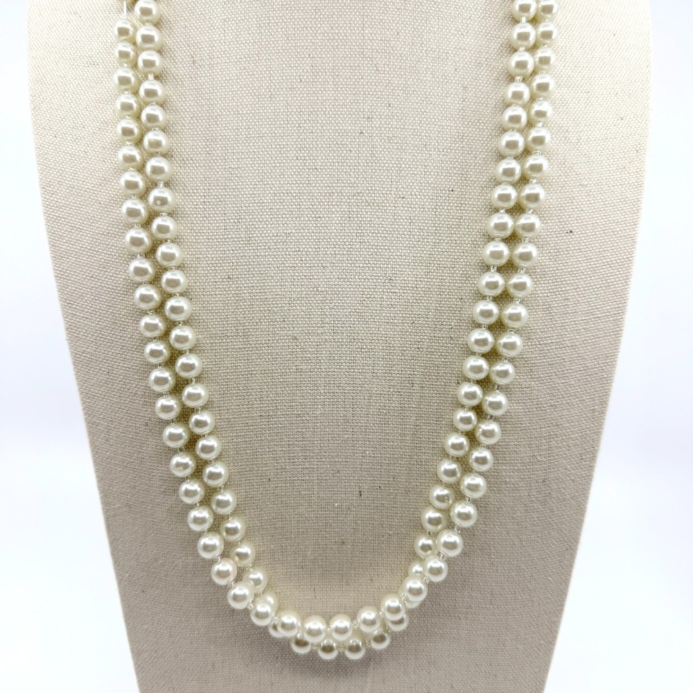 Vintage‎ Faux Pearl Necklace Double Strand Cream Beaded Statement Retro Y2K 90s